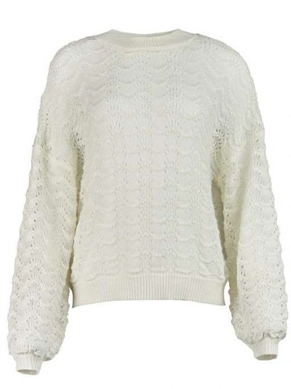 OLIVER BONAS Wavy Stitch White Knitted Jumper | balloon sleeve jumpers - flipped