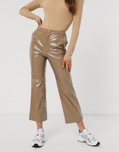 Weekday patent flared trousers in beige – cropped shiny pants - flipped