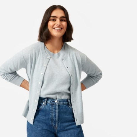 EVERLANE The Cashmere Crew Cardigan in Heathered Ice - flipped
