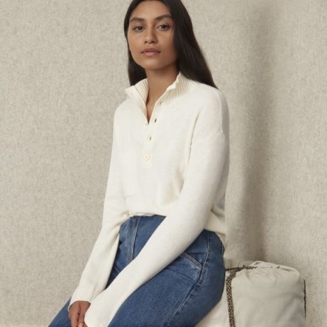 EVERLANE The ReCashmere Button Mockneck in Bone / henley style sweaters - flipped