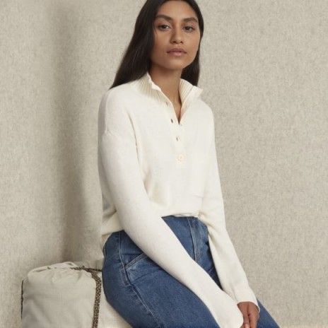 EVERLANE The ReCashmere Button Mockneck in Bone / henley style sweaters