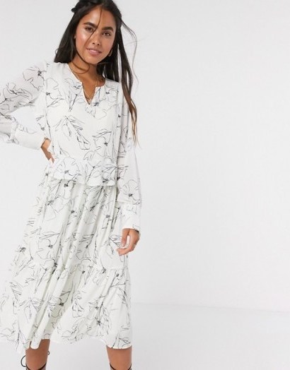 Y.A.S midi smock dress in white with abstract print - flipped