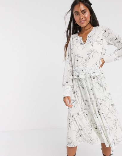 Y.A.S midi smock dress in white with abstract print