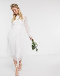 Y.A.S wedding midi dress with sheer sleeves in white | bridal dresses