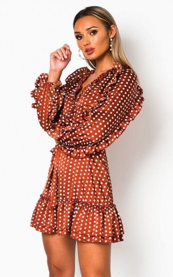 Ikrush Abbie Polka Dot Frill Dress in Rust – ruffle trim dresses - flipped