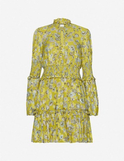 ALEXIS Rosewell floral-print crepe mini dress in citron ~ yellow ruffled high neck mini - flipped