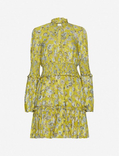 ALEXIS Rosewell floral-print crepe mini dress in citron ~ yellow ruffled high neck mini