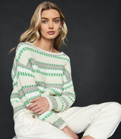 REISS ANNA PASTEL STRIPE KNITTED JUMPER GREEN/WHITE ~ fresh look knits