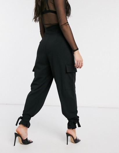 ASOS DESIGN crepe peg trouser with tie cuff in black – evening pants