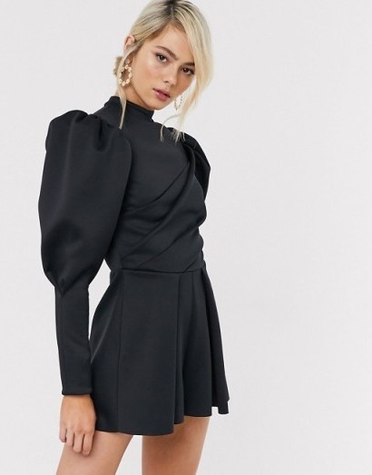 ASOS DESIGN folded scuba playsuit with puff sleeve in black - flipped