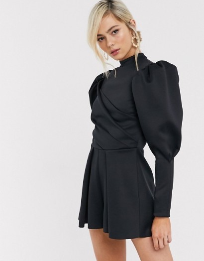 ASOS DESIGN folded scuba playsuit with puff sleeve in black