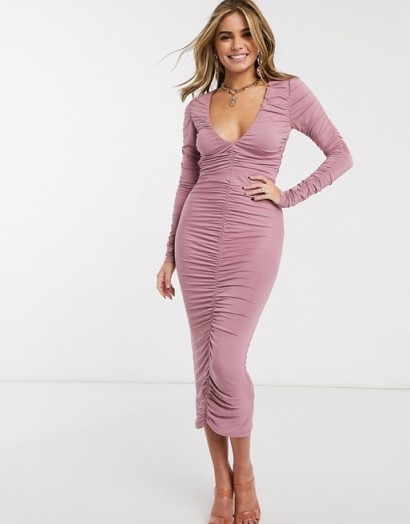ASOS DESIGN Hourglass long sleeve ruched midi dress in mauve – gathered form-fitting dresses