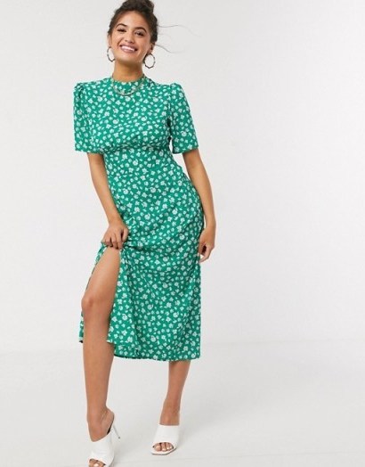 ASOS DESIGN midi tea dress with buttons and split detail in green floral print | vintage look dresses - flipped