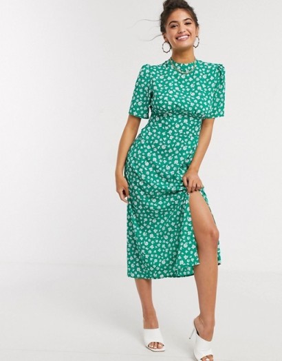 ASOS DESIGN midi tea dress with buttons and split detail in green floral print | vintage look dresses