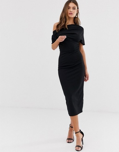 ASOS DESIGN pleated shoulder pencil dress in black – lbd