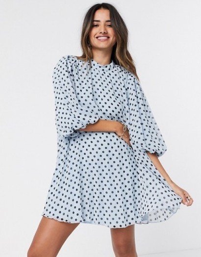ASOS DESIGN pleated trapeze mini dress with puff sleeves in polka dot - flipped