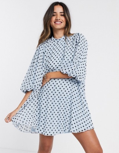 ASOS DESIGN pleated trapeze mini dress with puff sleeves in polka dot