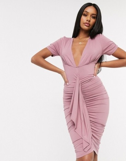 ASOS DESIGN puff sleeve plunge neck ruched mini dress in mauve-pink - flipped