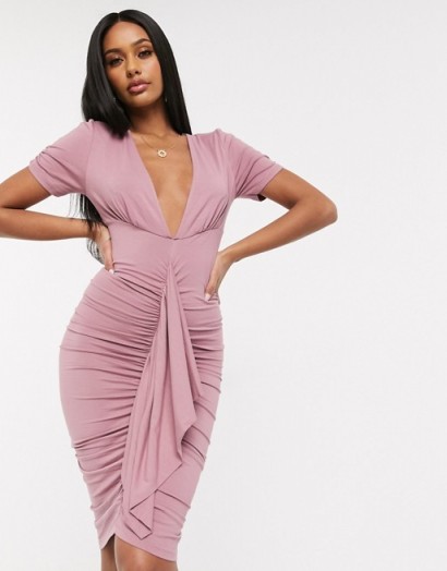 ASOS DESIGN puff sleeve plunge neck ruched mini dress in mauve-pink