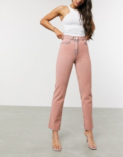 ASOS DESIGN Tall High rise stretch ‘slim’ straight leg jeans in overdye pink - flipped