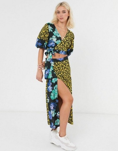 ASOS DESIGN wrap top and midi skirt co-ord in mixed print - flipped
