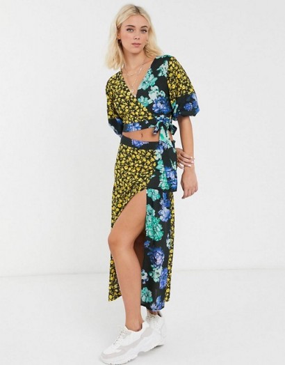 ASOS DESIGN wrap top and midi skirt co-ord in mixed print