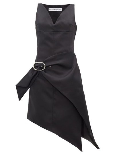 PACO RABANNE Asymmetric buckled satin dress in black ~ contemporary lbd - flipped