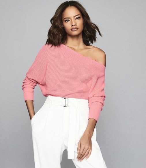 REISS AVA DRAPED RIBBED-KNIT JUMPER PINK - flipped