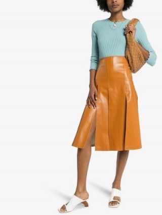 A.W.A.K.E. Mode Vegan Leather Midi Skirt in caramel-brown | front split details - flipped