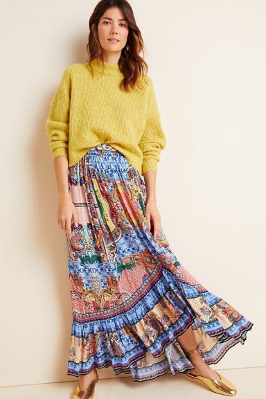 Bhanuni by Jyoti Allaire High-Low Maxi Skirt Blue Motif / long mixed-print skirts