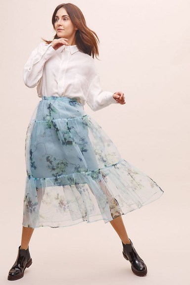 Tela Kessie Floral-Tiered Organza Skirt Blue Motif / feminine semi sheer fashion - flipped