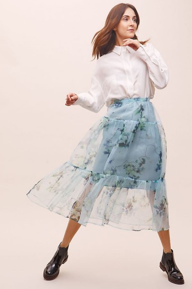 Tela Kessie Floral-Tiered Organza Skirt Blue Motif / feminine semi sheer fashion