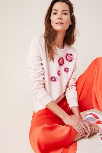 Anthropologie x Delpozo Embroidered Sweatshirt in Pink / sequin flower embellishments - flipped
