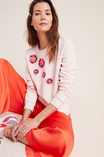 Anthropologie x Delpozo Embroidered Sweatshirt in Pink / sequin flower embellishments