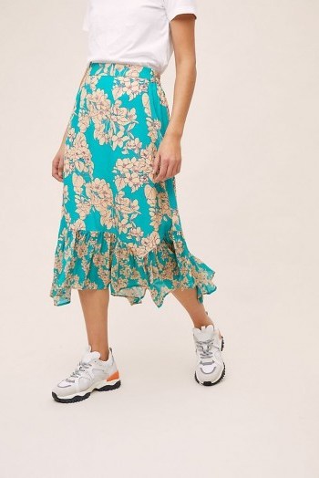 ANTHROPOLOGIE Tiered Floral-Print Midi Skirt in Turquoise - flipped