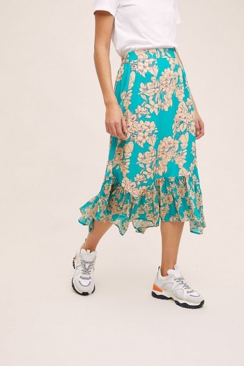 ANTHROPOLOGIE Tiered Floral-Print Midi Skirt in Turquoise
