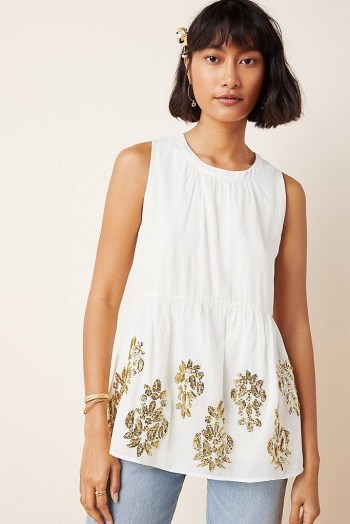 Maeve Simona Sequinned Babydoll Blouse in Ivory / pretty embellished sleeveless top - flipped