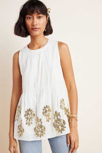 Maeve Simona Sequinned Babydoll Blouse in Ivory / pretty embellished sleeveless top
