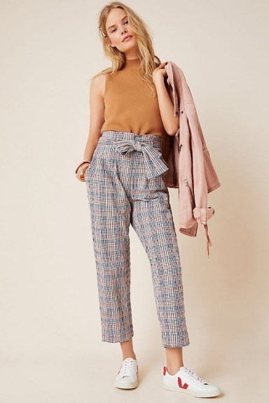 ANTHROPOLOGIE Hazelle Plaid Slim Trousers in Navy / cropped tie waist pants - flipped