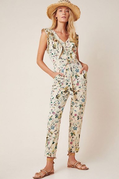 ANTHROPOLOGIE Violet Ruffled Utility Jumpsuit in Neutral Motif / pretty flower print jumpsuits / ready for summer 2020 - flipped