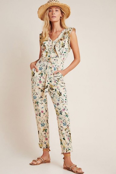 ANTHROPOLOGIE Violet Ruffled Utility Jumpsuit in Neutral Motif / pretty flower print jumpsuits / ready for summer 2020