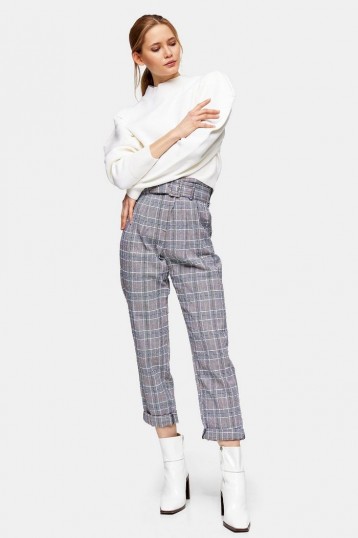TOPSHOP Black And White Textured Peg Trousers / checked monochrome pants