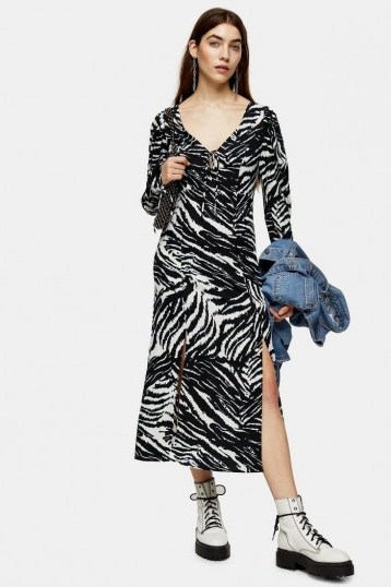 TOPSHOP Black And White Zebra Ruched Sleeve Midi Dress / monochrome dresses - flipped