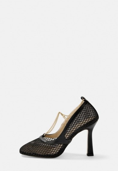 MISSGUIDED black fishnet square toe chain detail heels - flipped