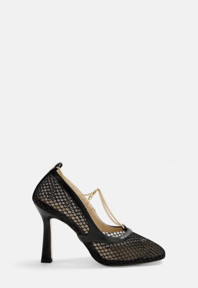 MISSGUIDED black fishnet square toe chain detail heels