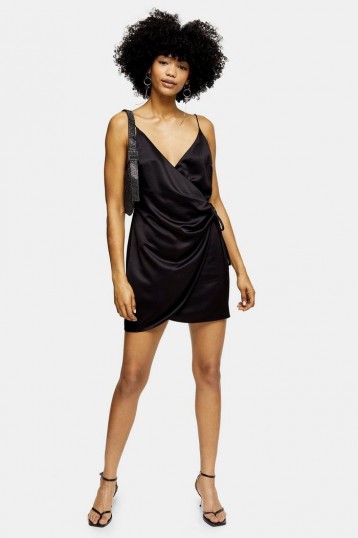 Topshop Black Satin Wrap Mini Slip Dress | strappy LBD