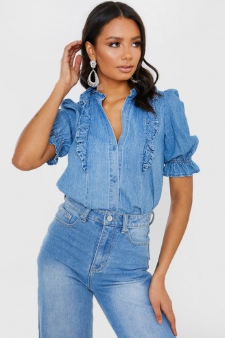 IN THE STYLE BLUE WASH DENIM FRILL DETAIL SHIRT
