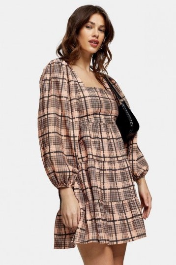 TOPSHOP Blush Pink Textured Check Mini Dress – tiered square-neck dresses - flipped