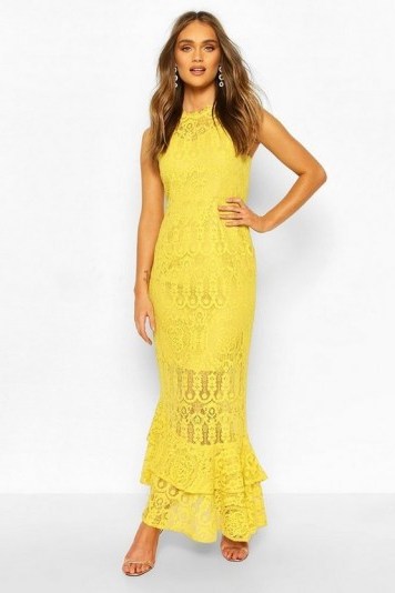 Boohoo Occasion Lace High Neck Maxi Dress in Mustard – yellow sheer panel dresses - flipped