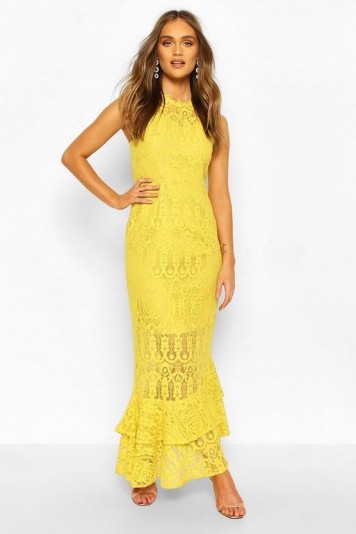 Boohoo Occasion Lace High Neck Maxi Dress in Mustard – yellow sheer panel dresses